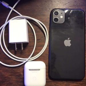 Phone 11 with charger and AirPods